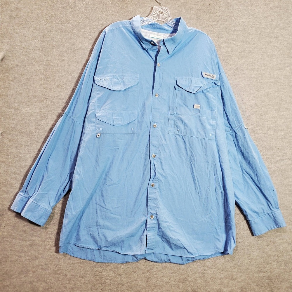 Columbia Men Button Up Shirt 2XL Blue PFG Fishing Hiking Polyester Pockets Mesh